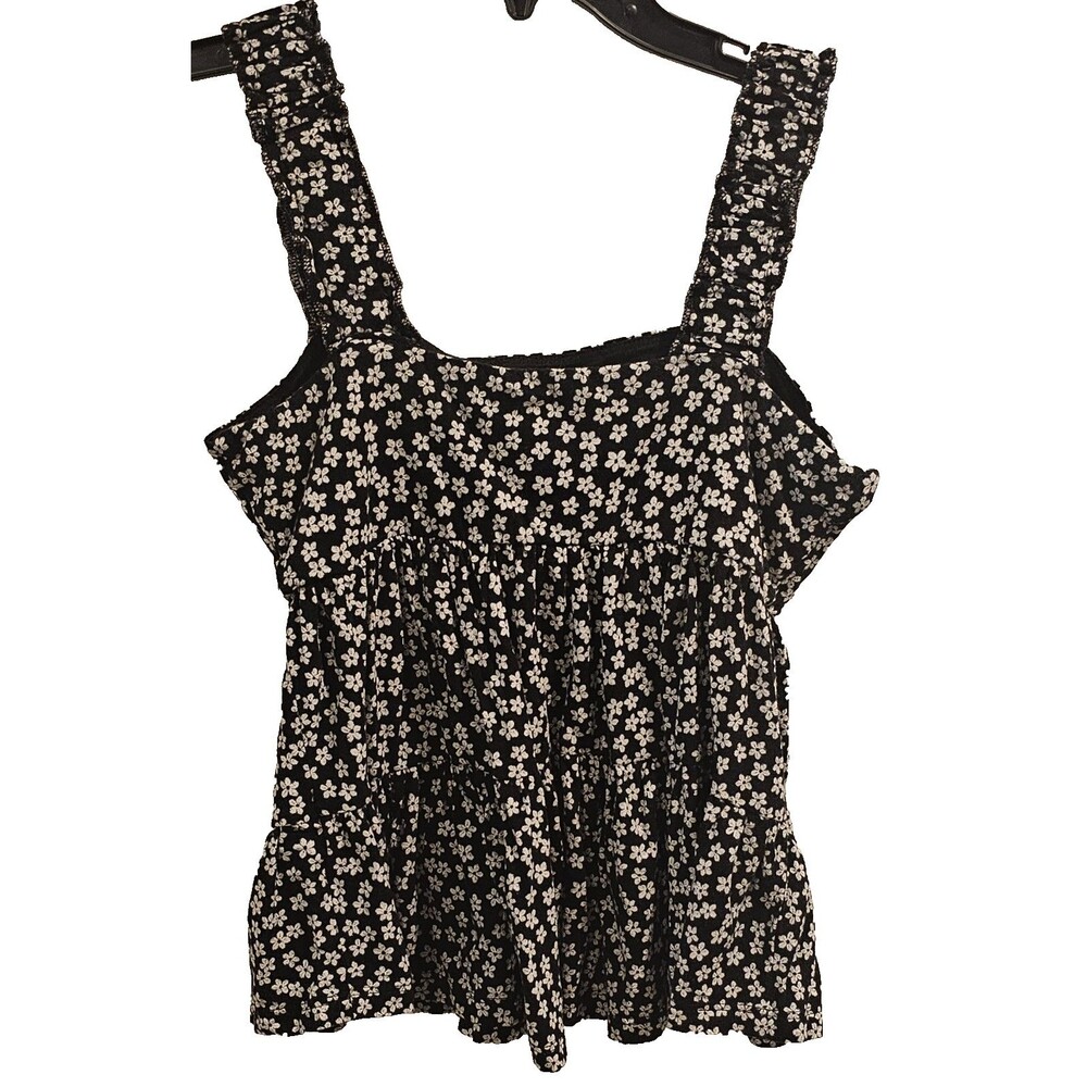 Boho Babydoll Top Ruffle Straps Blk/Wht Size L Y2K Cottage Floral Coquette Fairy - Picture 4 of 7